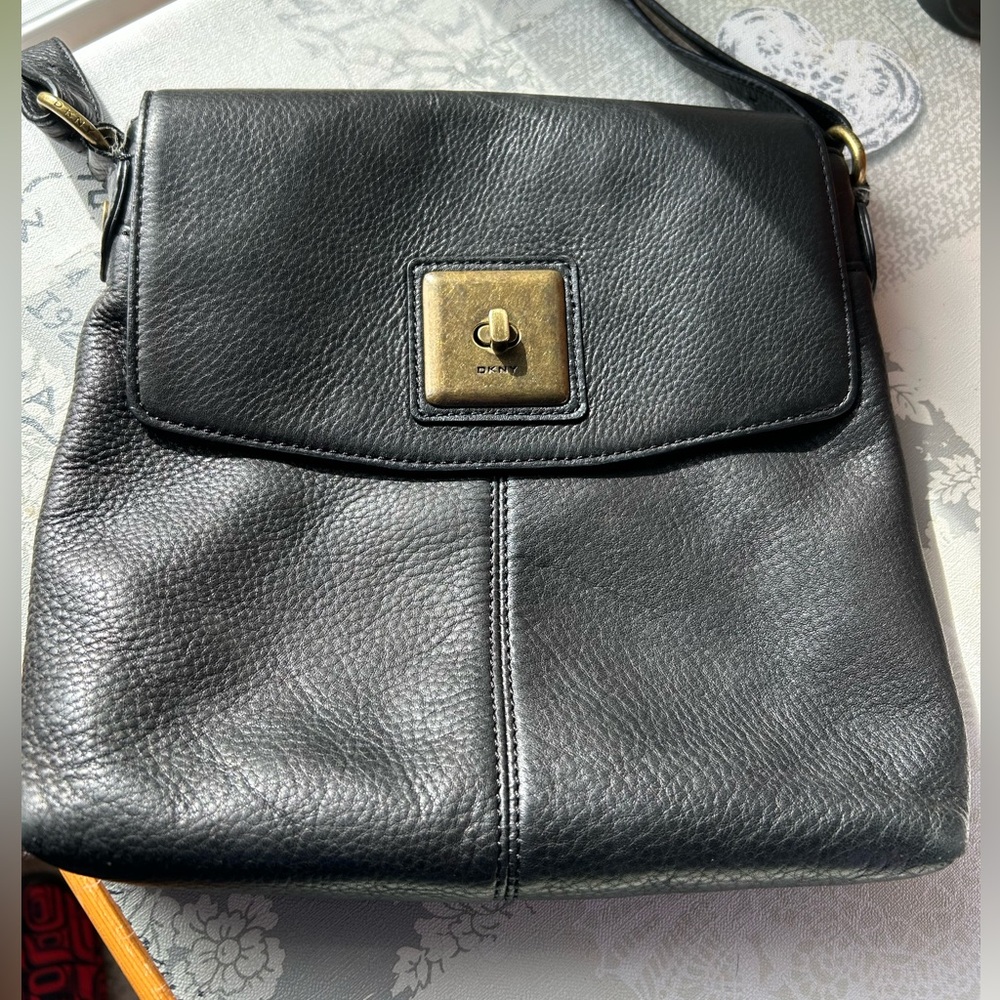 DKNY Black Leather Bag with Brass Detail